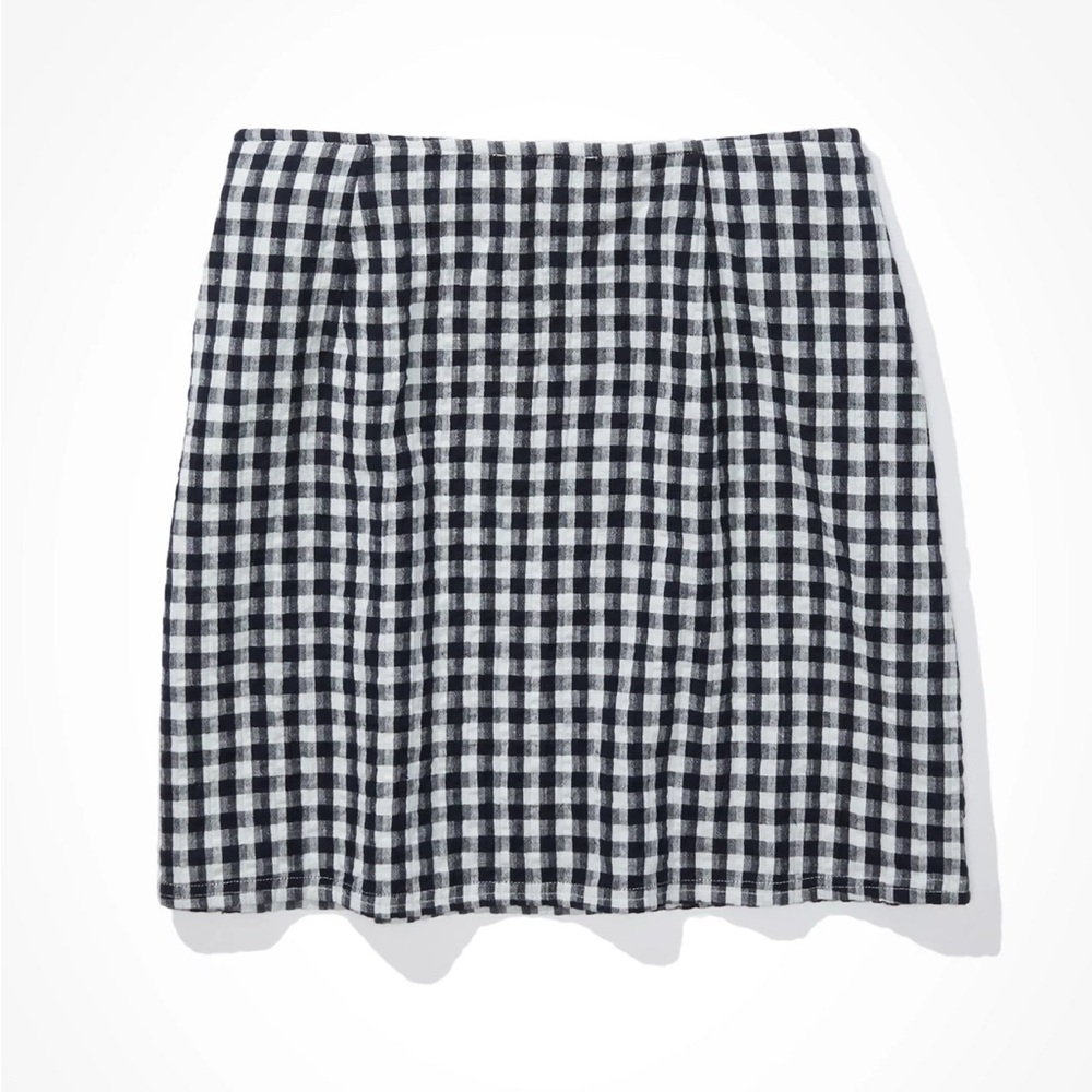 American Eagle Gingham Notched Mini Skirt Navy White Cotton Linen Size M
